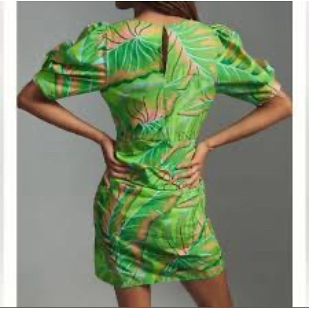 NWT FARM RIO 3XL Anthropologie Puff-Sleeve Mini Dress Lime Green Floral Ruffle - Picture 11 of 11